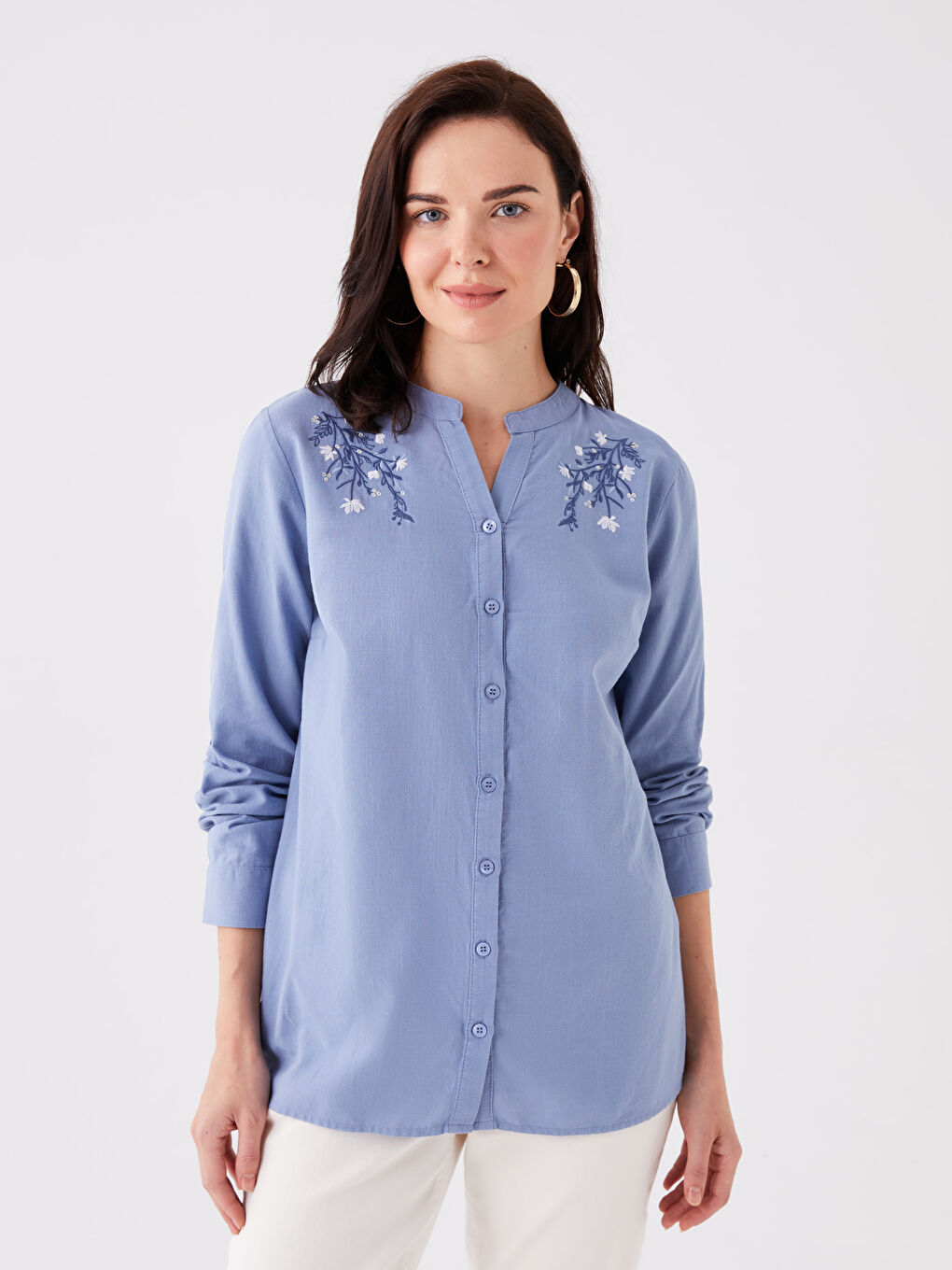 Henley Neckline Embroidered Long Sleeve Women's Shirt