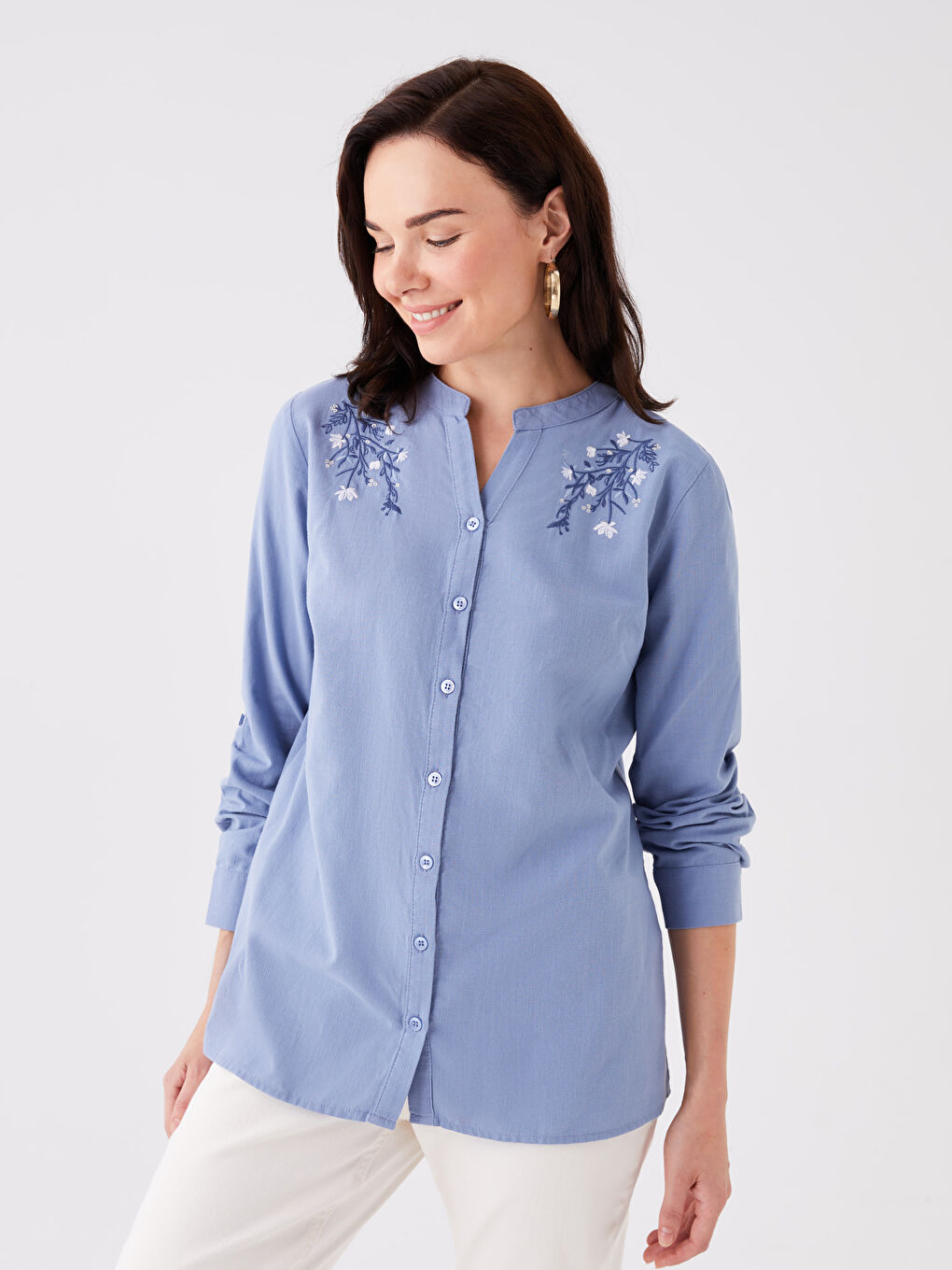 Henley Neckline Embroidered Long Sleeve Women's Shirt-1