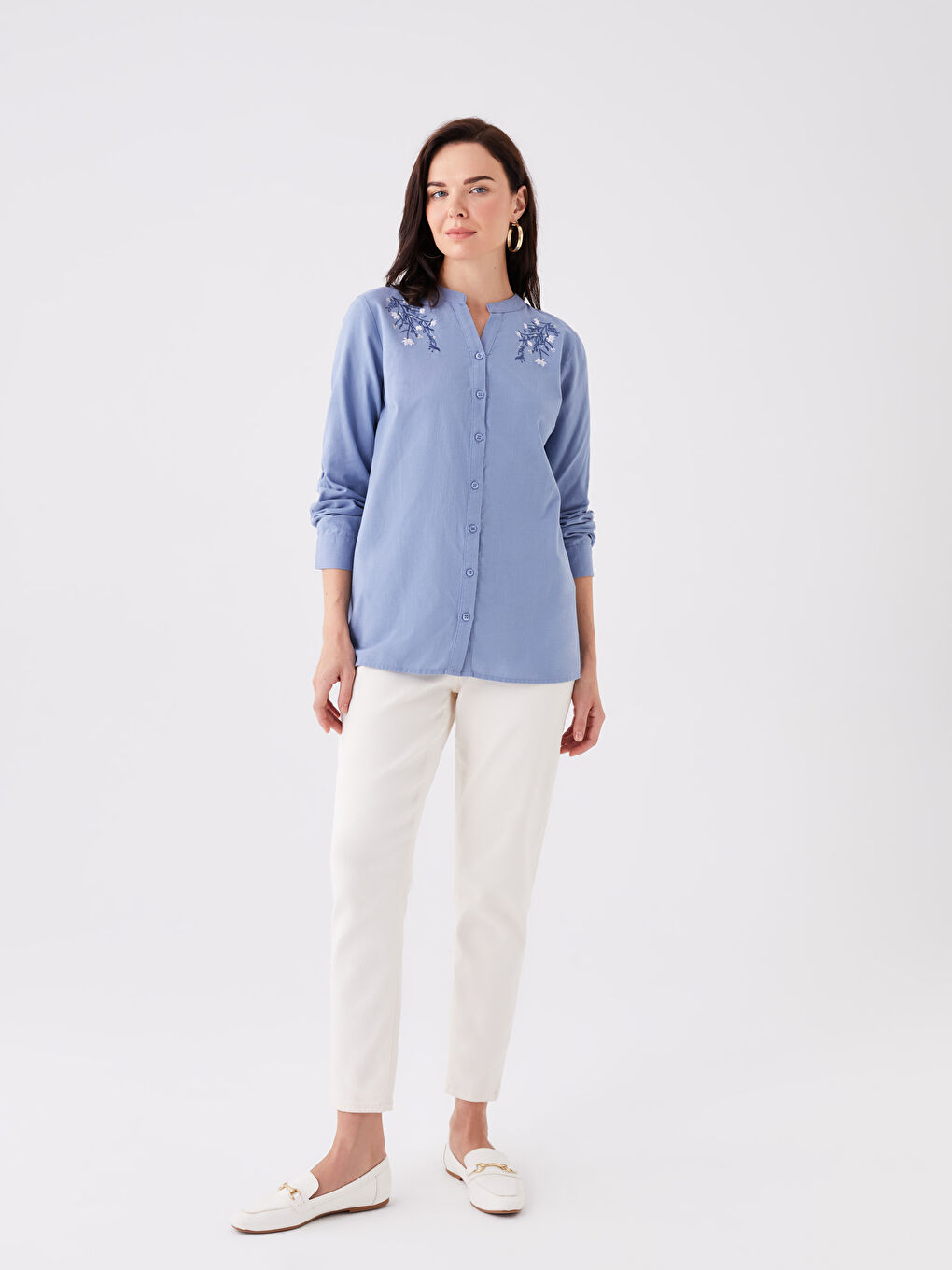 Henley Neckline Embroidered Long Sleeve Women's Shirt-2