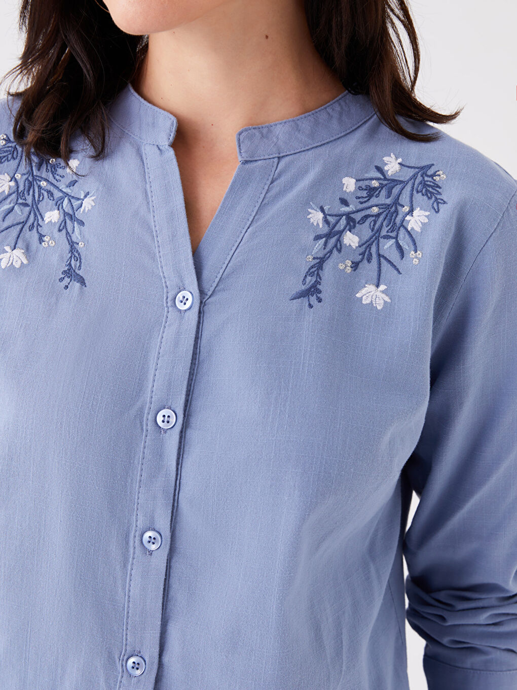 Henley Neckline Embroidered Long Sleeve Women's Shirt-3