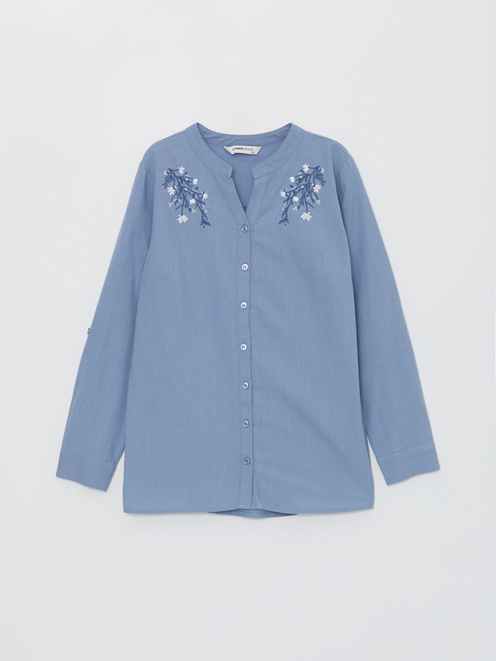 Henley Neckline Embroidered Long Sleeve Women's Shirt-5