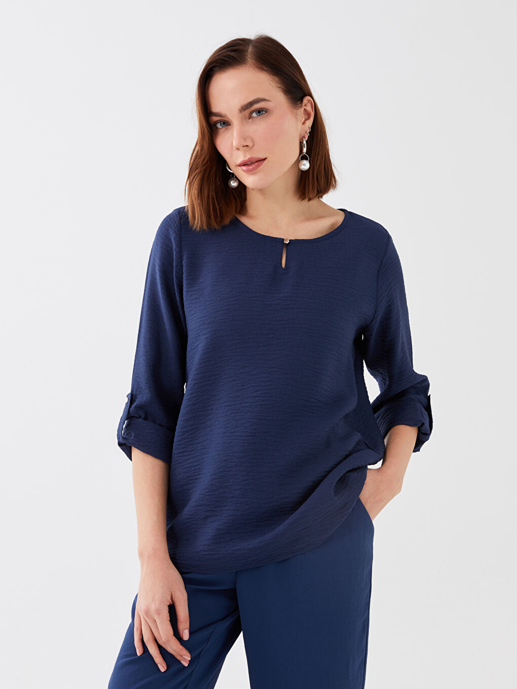 Lacivert Bisiklet Yaka Düz Uzun Kollu Kadın Bluz