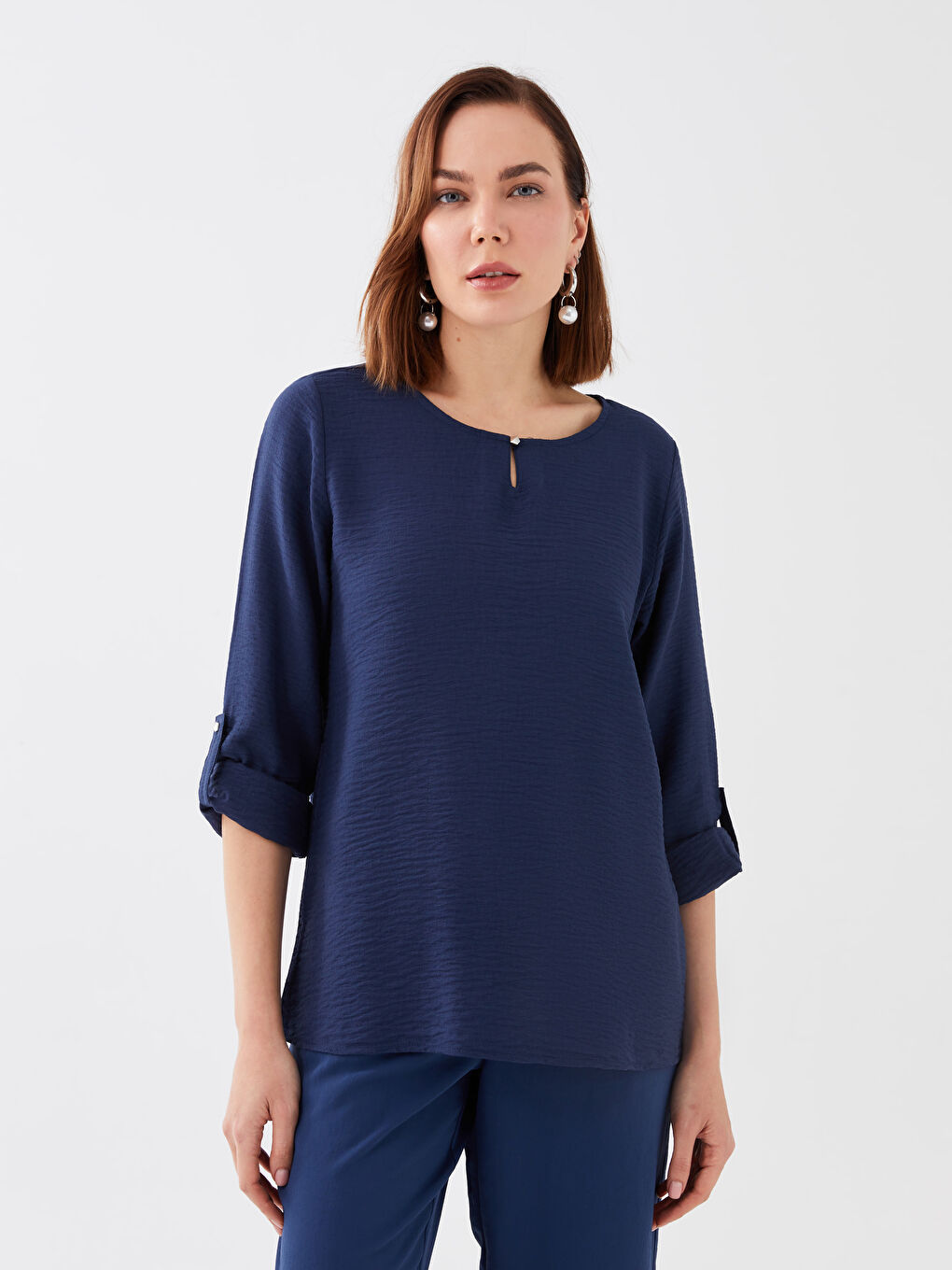 Lacivert Bisiklet Yaka Düz Uzun Kollu Kadın Bluz-1