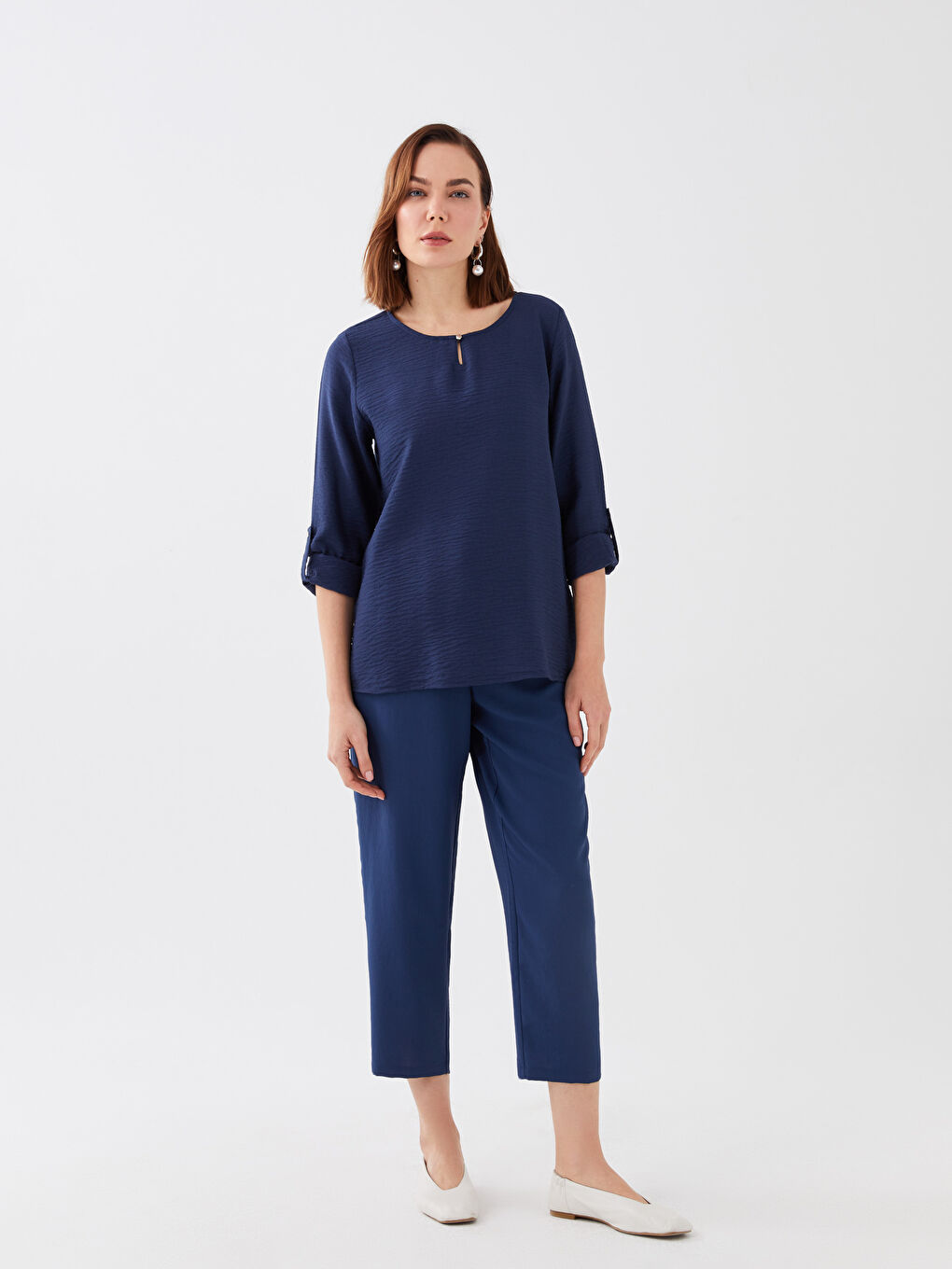 Lacivert Bisiklet Yaka Düz Uzun Kollu Kadın Bluz-2