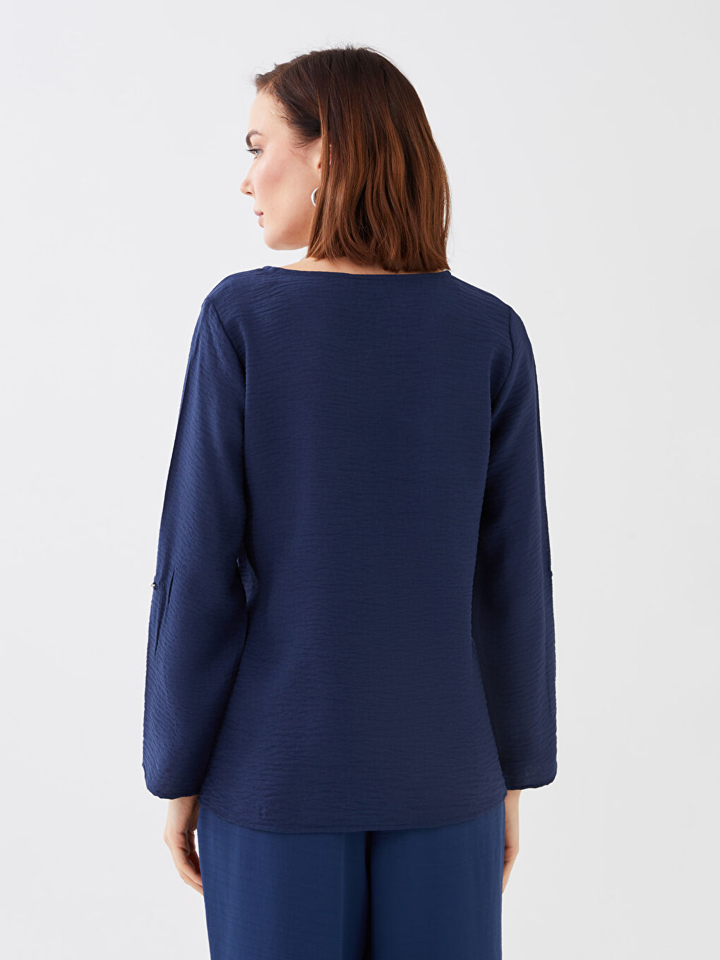 Lacivert Bisiklet Yaka Düz Uzun Kollu Kadın Bluz-4