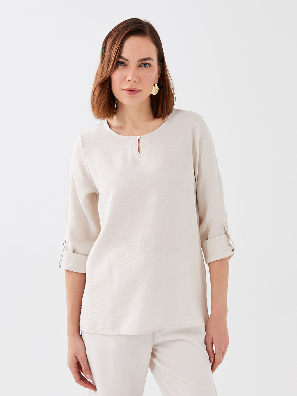 Gri Bisiklet Yaka Düz Uzun Kollu Kadın Bluz