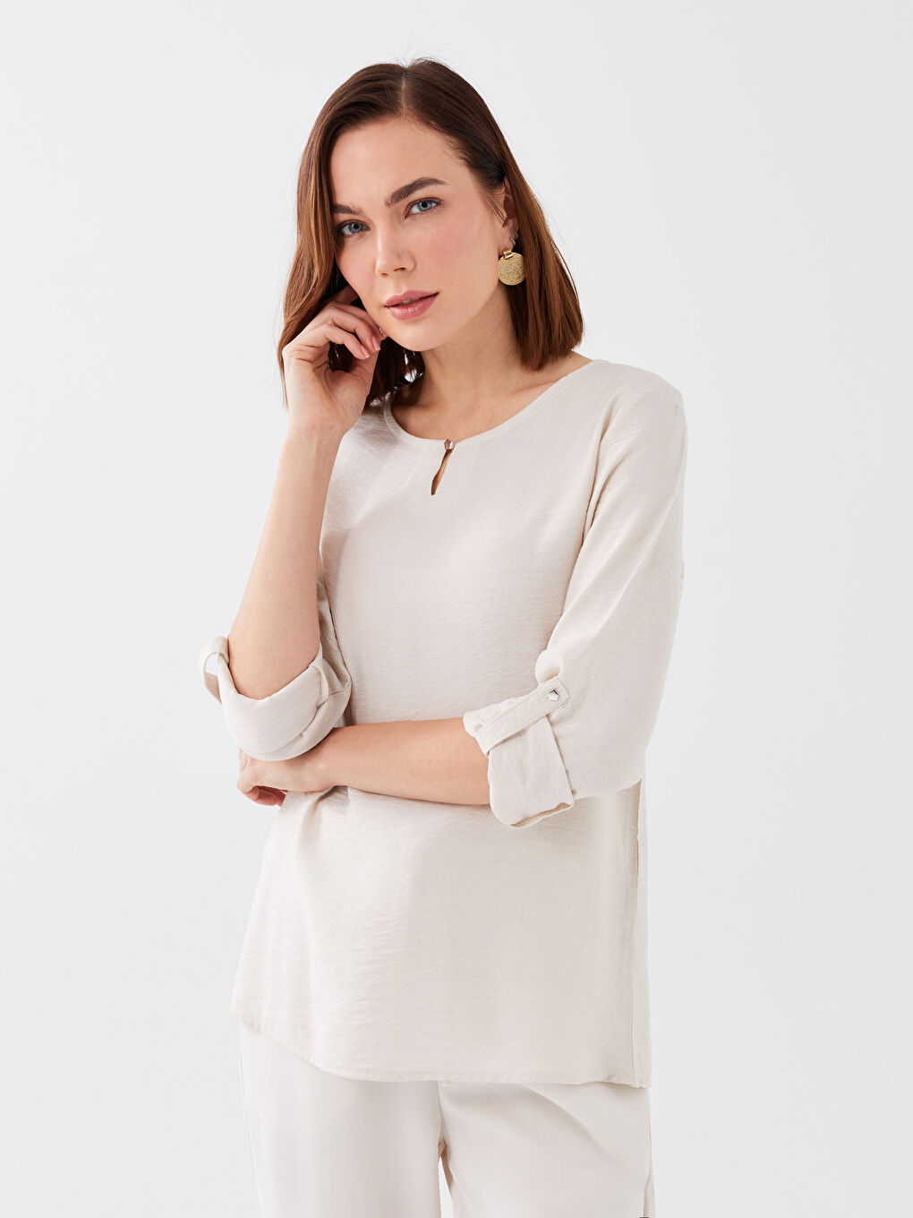 Gri Bisiklet Yaka Düz Uzun Kollu Kadın Bluz-1