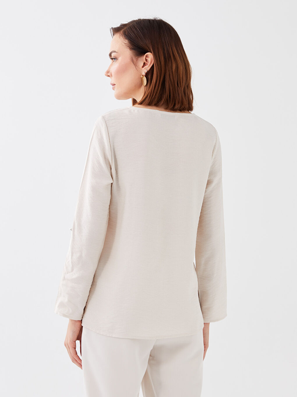 Gri Bisiklet Yaka Düz Uzun Kollu Kadın Bluz-4