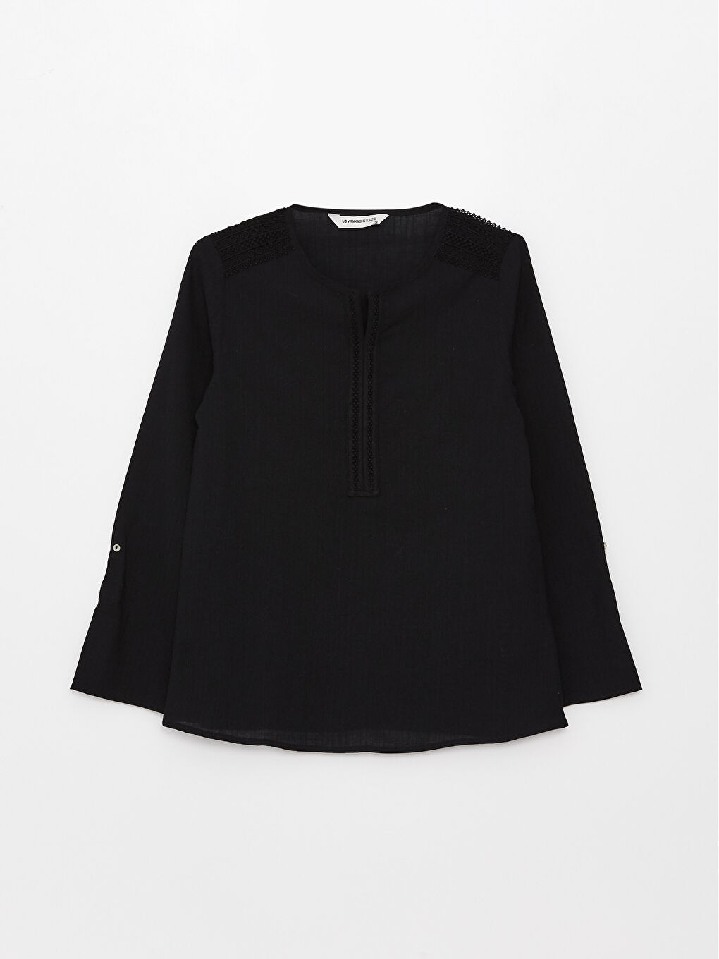 Siyah Kaçık Yaka Dantel Detaylı Uzun Kollu Kadın Bluz-5