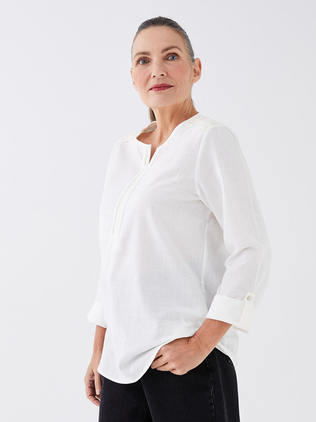Notch Neck Lace Detailed Long Sleeve Women's Blouse