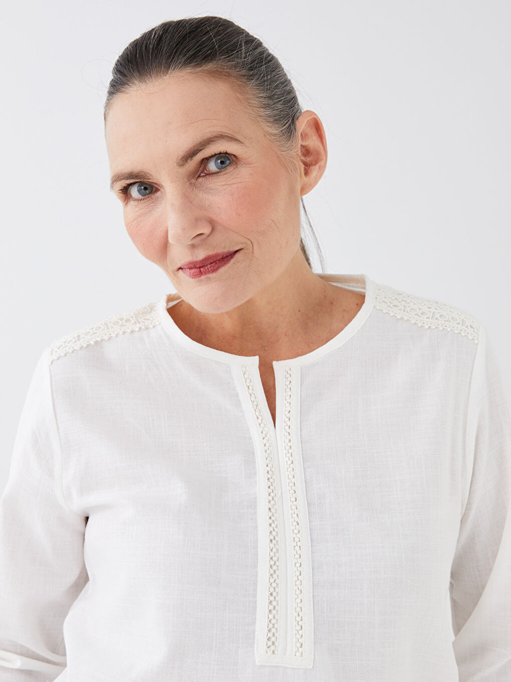 Notch Neck Lace Detailed Long Sleeve Women's Blouse-1