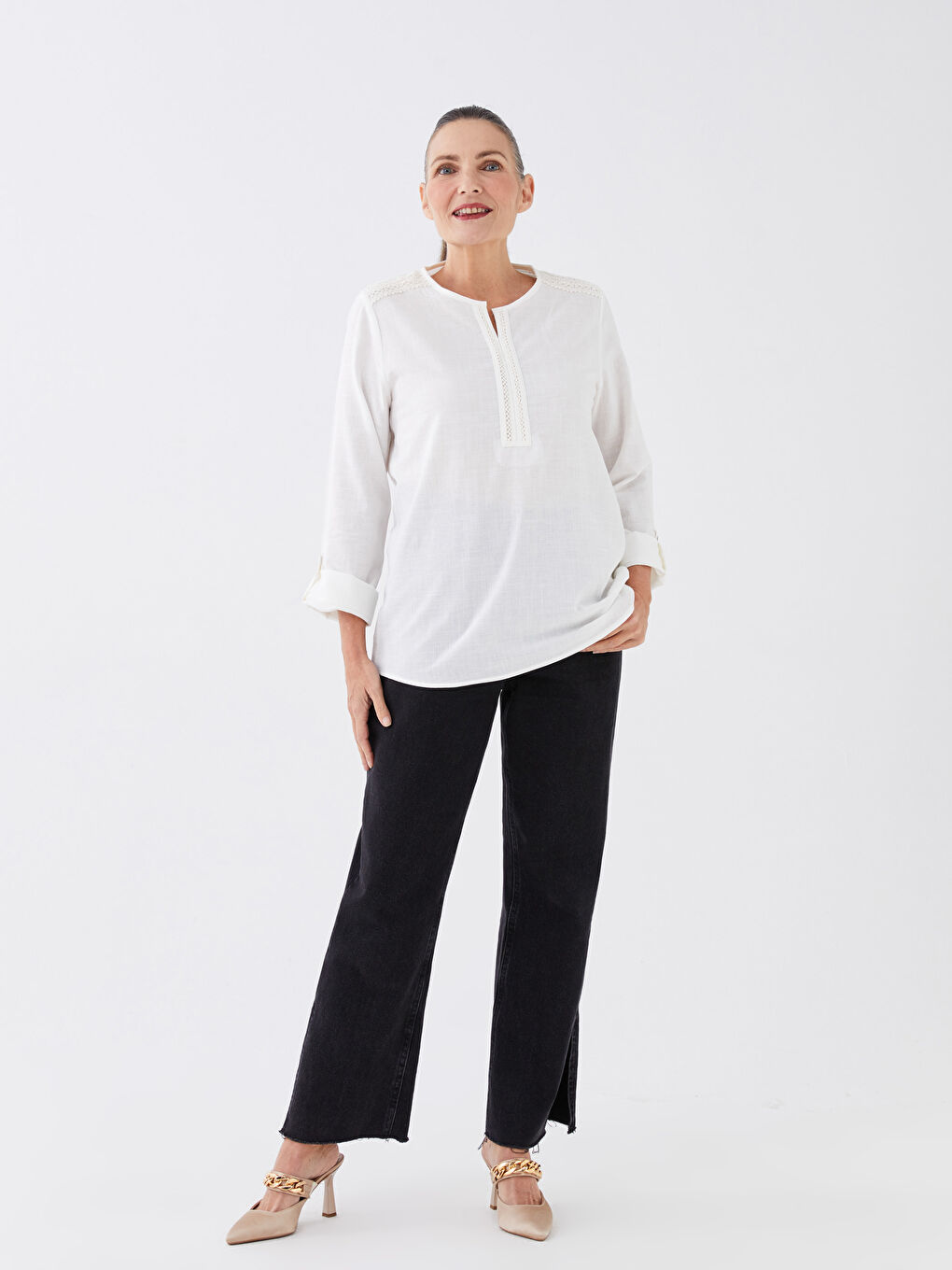 Notch Neck Lace Detailed Long Sleeve Women's Blouse-2