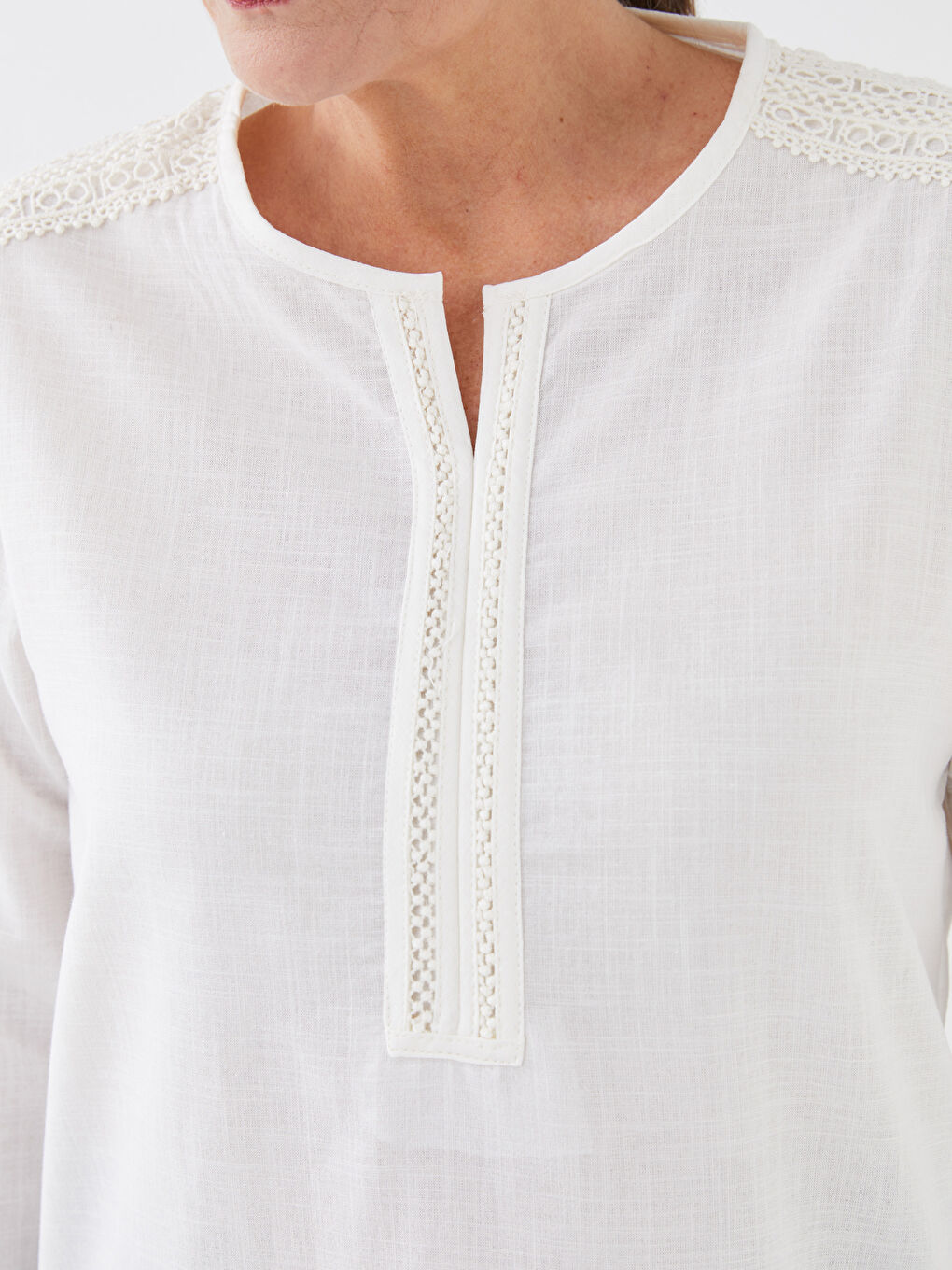 Notch Neck Lace Detailed Long Sleeve Women's Blouse-3