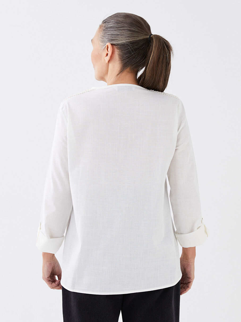 Notch Neck Lace Detailed Long Sleeve Women's Blouse-4