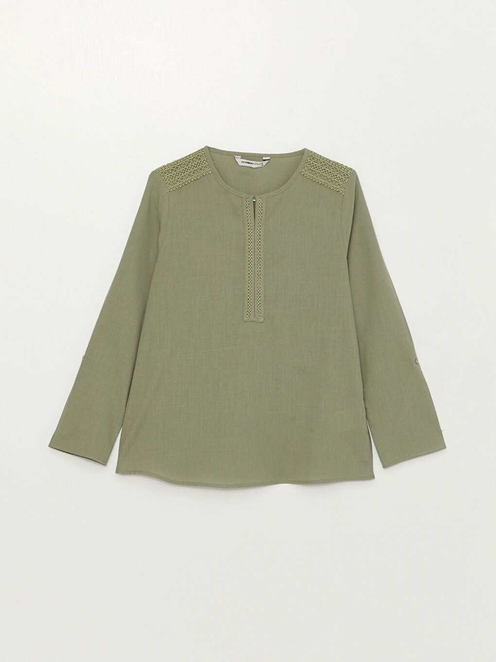 Yeşil Kaçık Yaka Dantel Detaylı Uzun Kollu Kadın Bluz-5