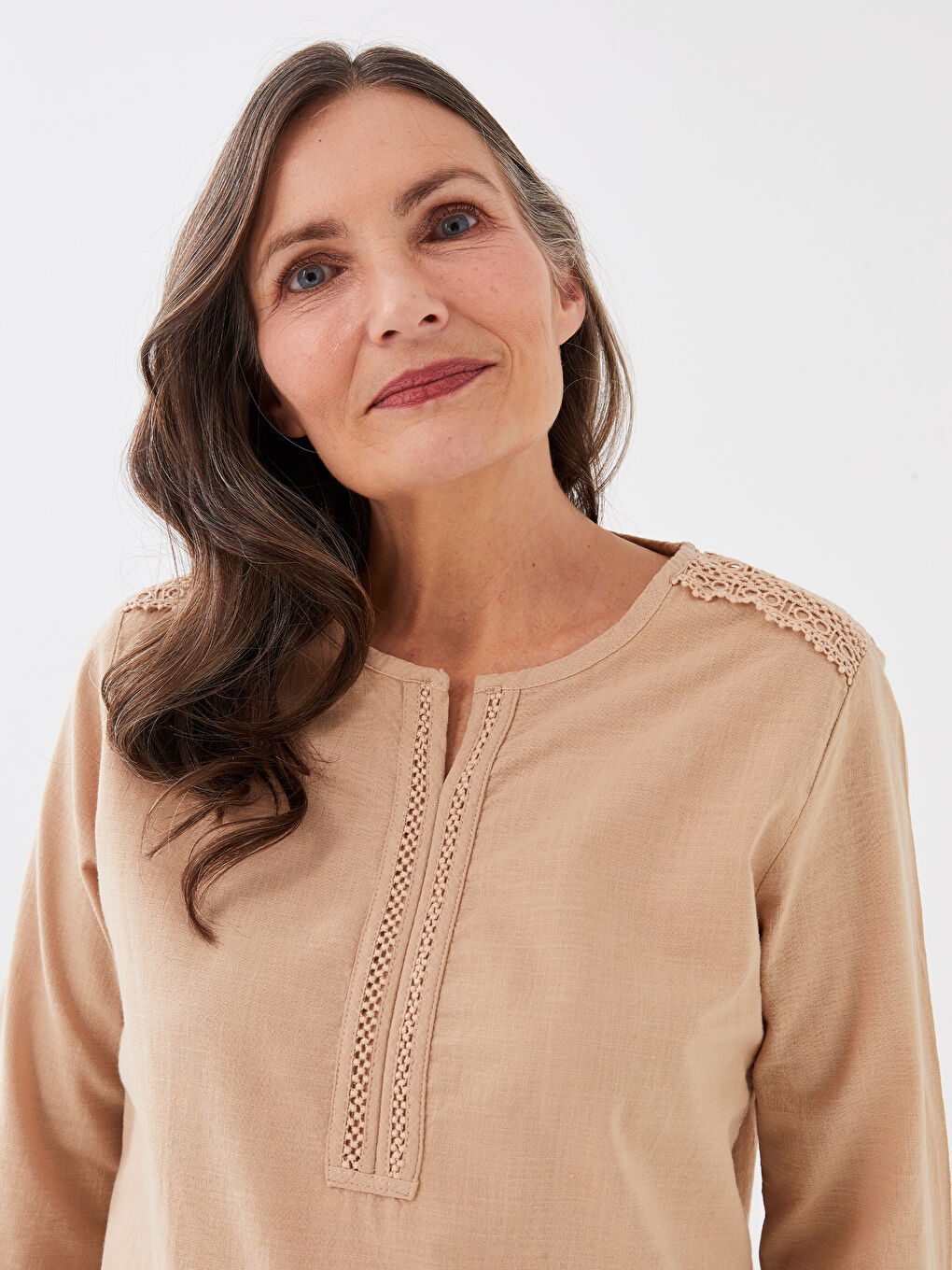 LCW Grace Kerbausschnitt Spitzenbesetzte Langarmbluse für Damen -S3EQ84Z8-GHQ
