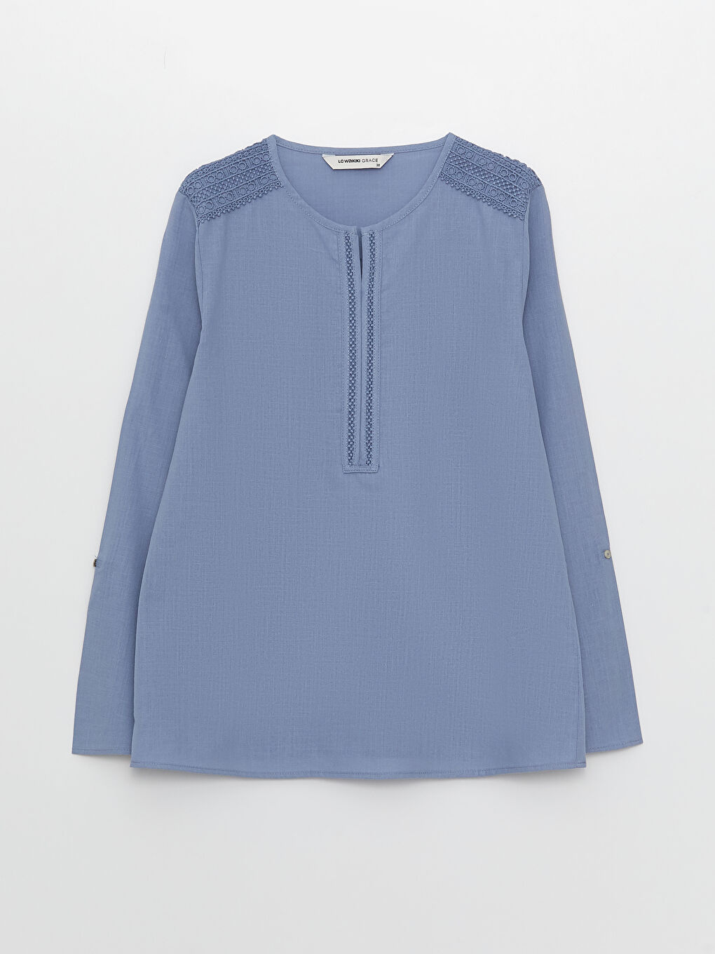 Mavi Kaçık Yaka Dantel Detaylı Uzun Kollu Kadın Bluz-5