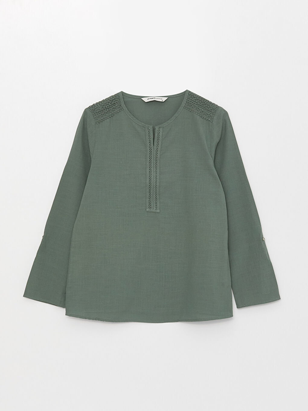 Haki Kaçık Yaka Dantel Detaylı Uzun Kollu Kadın Bluz-5