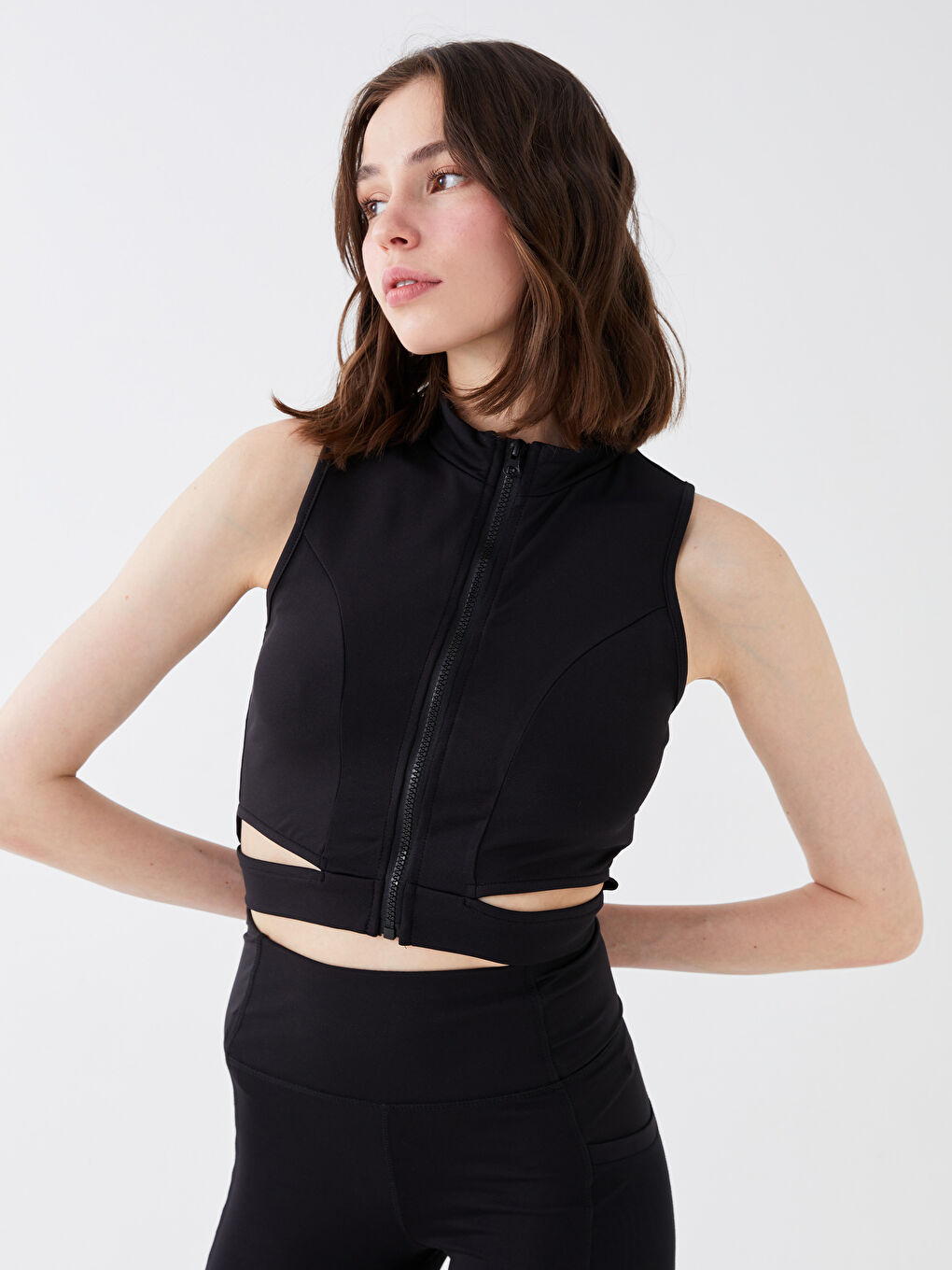 Siyah Kadın Dik Yaka Düz Crop-2