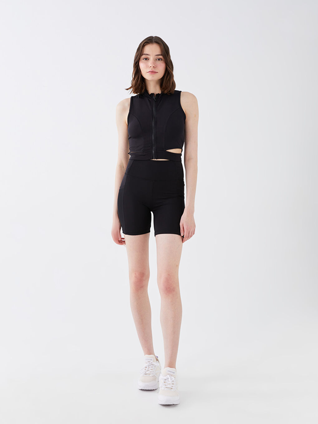 Siyah Kadın Dik Yaka Düz Crop-3