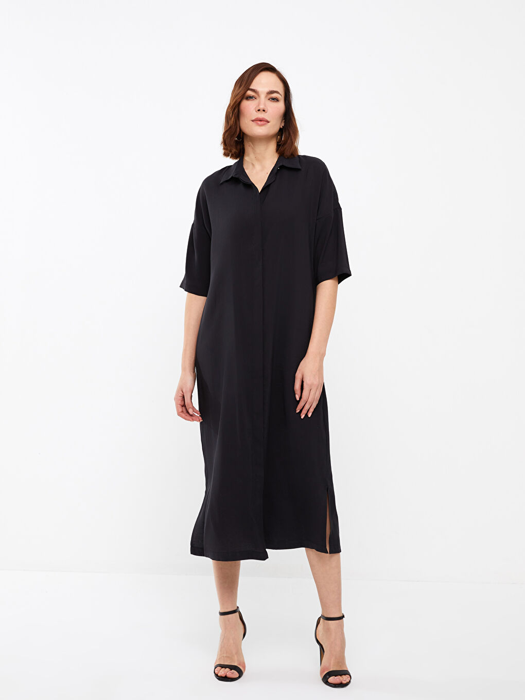 Straight Short Sleeve Linen Look Women's Shirt Dress -S3ER65Z8-CVL