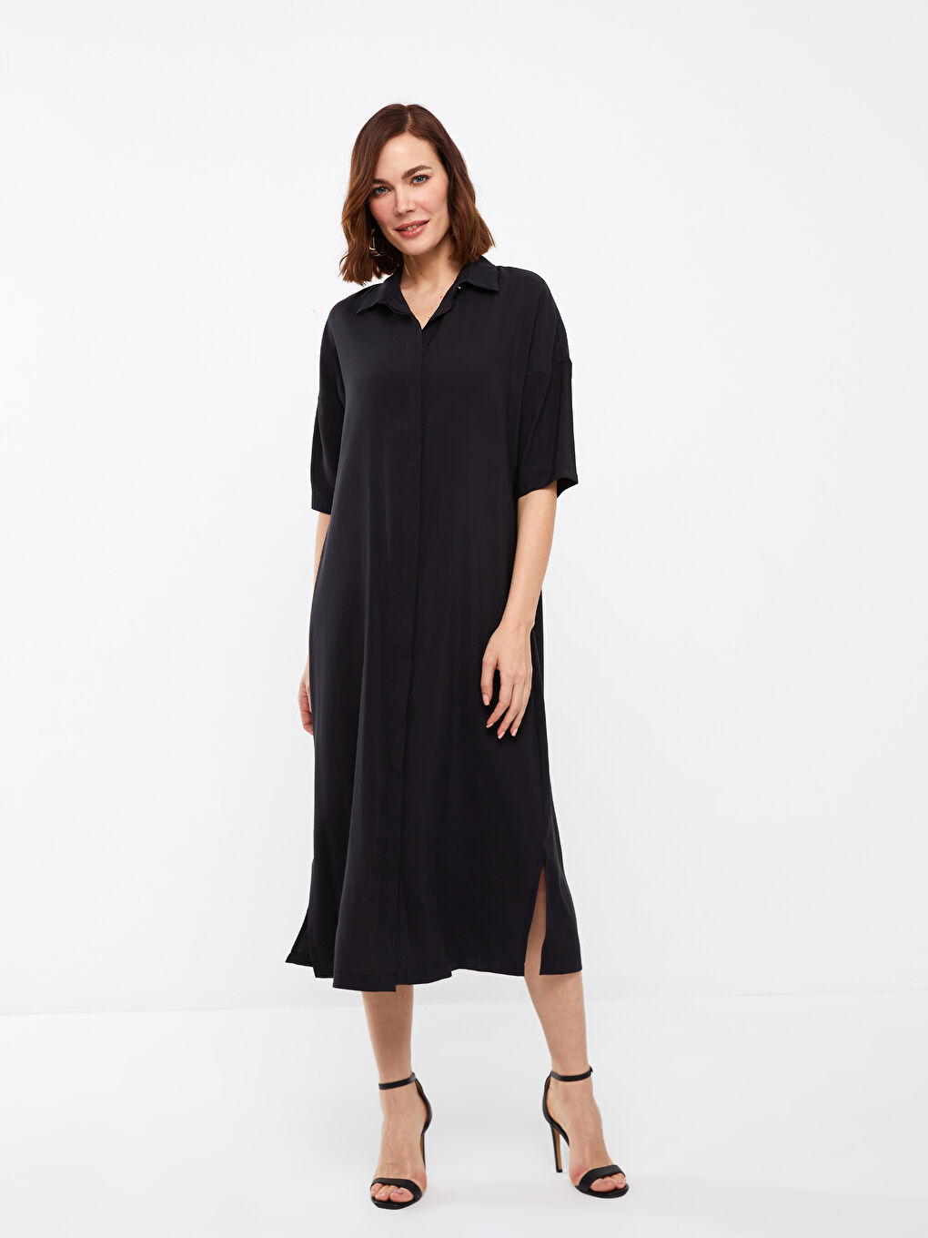 Straight Short Sleeve Linen Look Women's Shirt Dress -S3ER65Z8-CVL