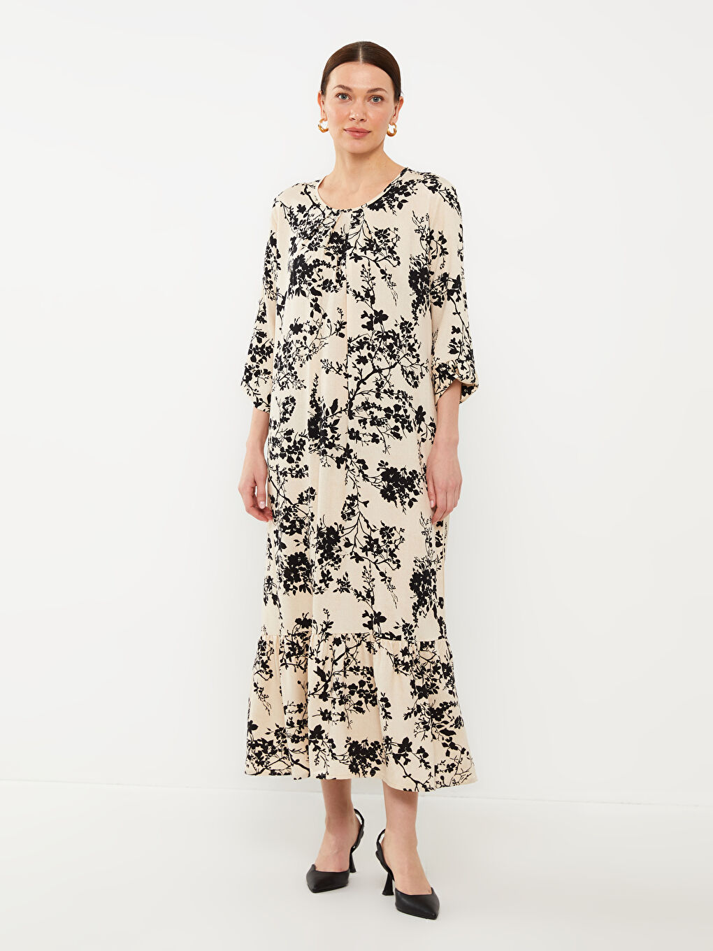 Siyah Bisiklet Yaka Çiçekli A Kesim Kadın Elbise