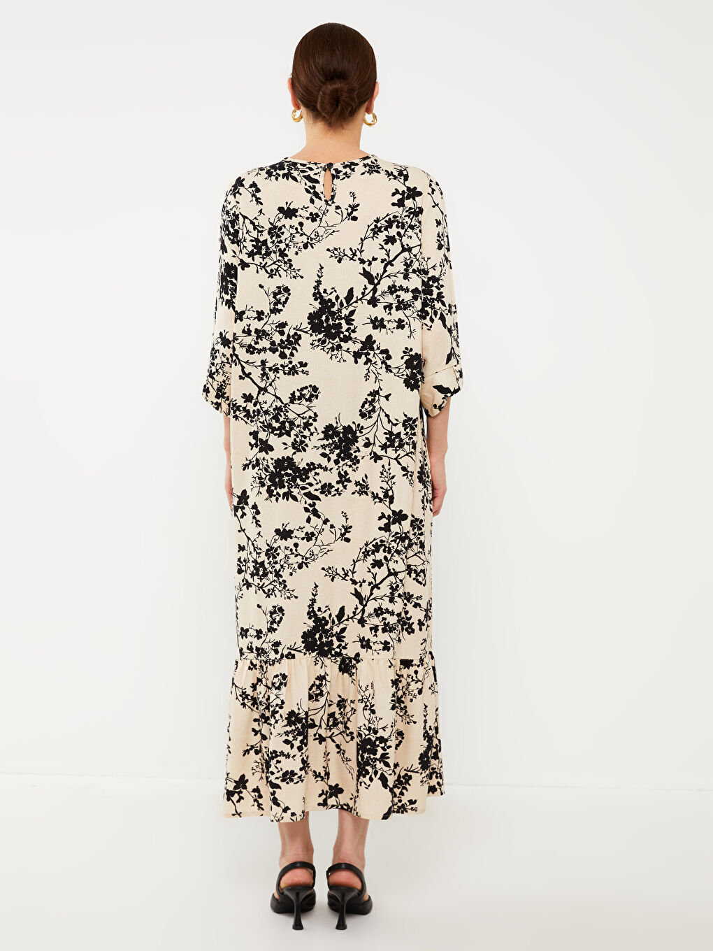 Siyah Bisiklet Yaka Çiçekli A Kesim Kadın Elbise-4