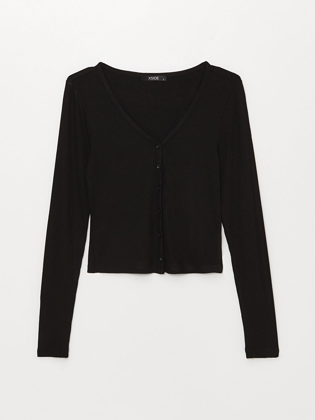 Siyah V Yaka Düz Uzun Kollu Crop Kadın Hırka-5