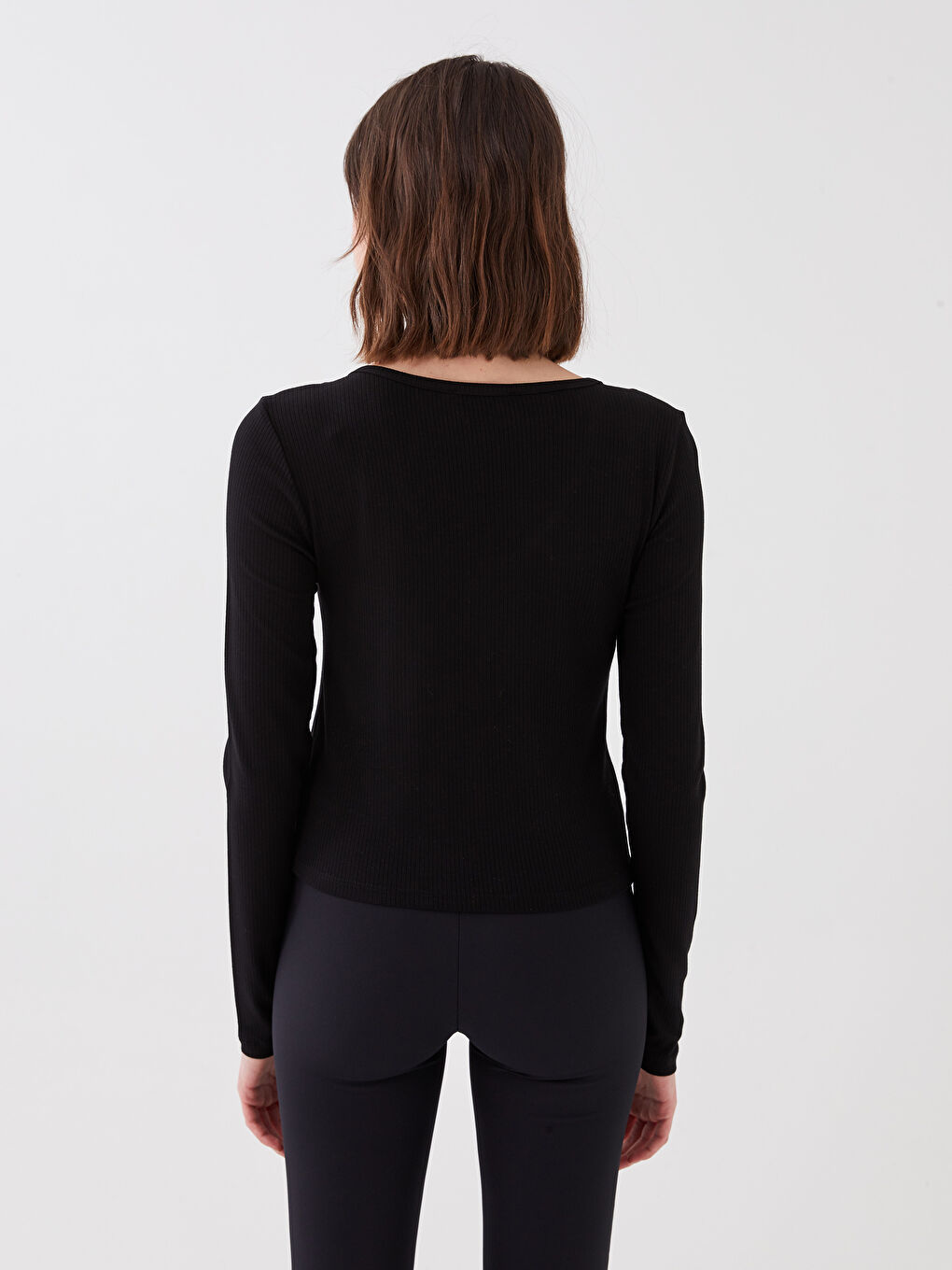 Siyah V Yaka Düz Uzun Kollu Crop Kadın Hırka-4