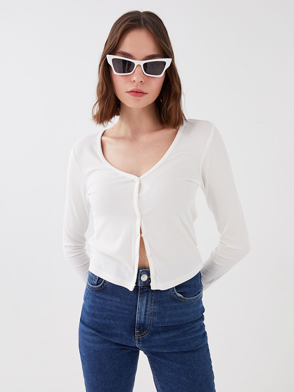 Cardigan Court Pour Femmes À Manches Longues Droites Et Col En V