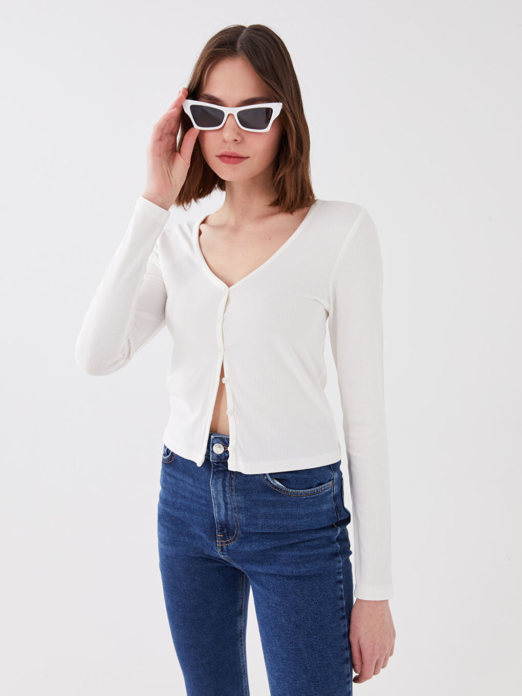 Cardigan Court Pour Femmes À Manches Longues Droites Et Col En V-1