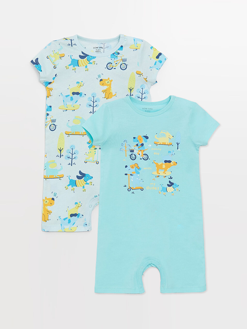 Salopete Bebeluși Băieți cu Guler Rotund și Mânecă Scurtă Imprimate, Pachet de 2 Bucăți