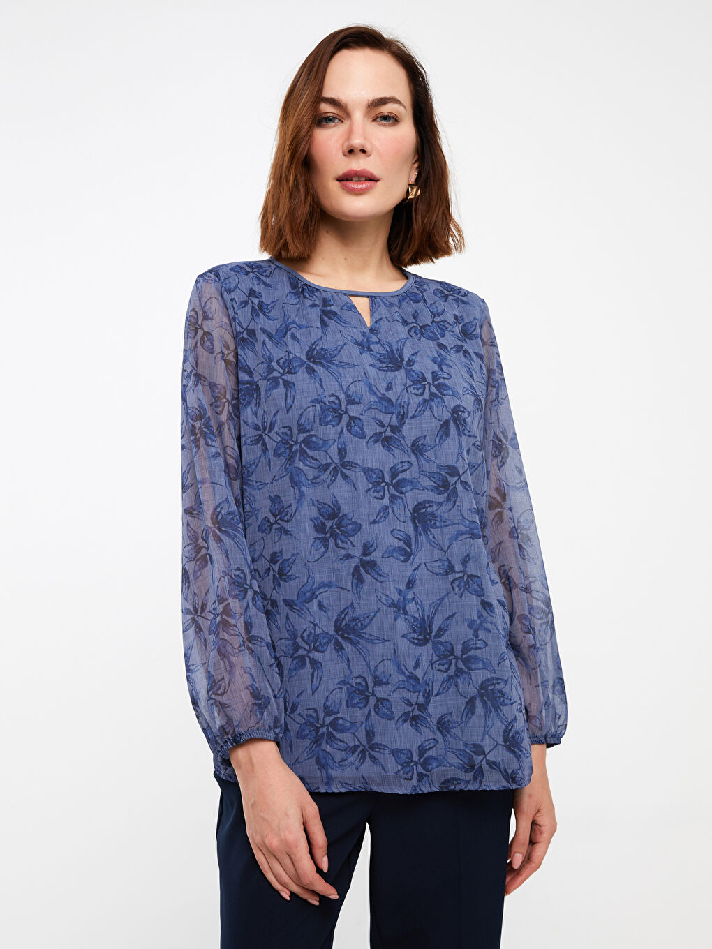 Mavi Bisiklet Yaka Çiçekli Uzun Kollu Kadın Bluz