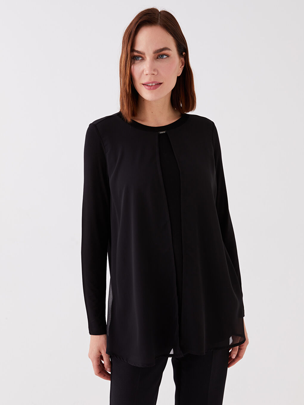 Siyah Bisiklet Yaka Düz Uzun Kollu Kadın Tunik