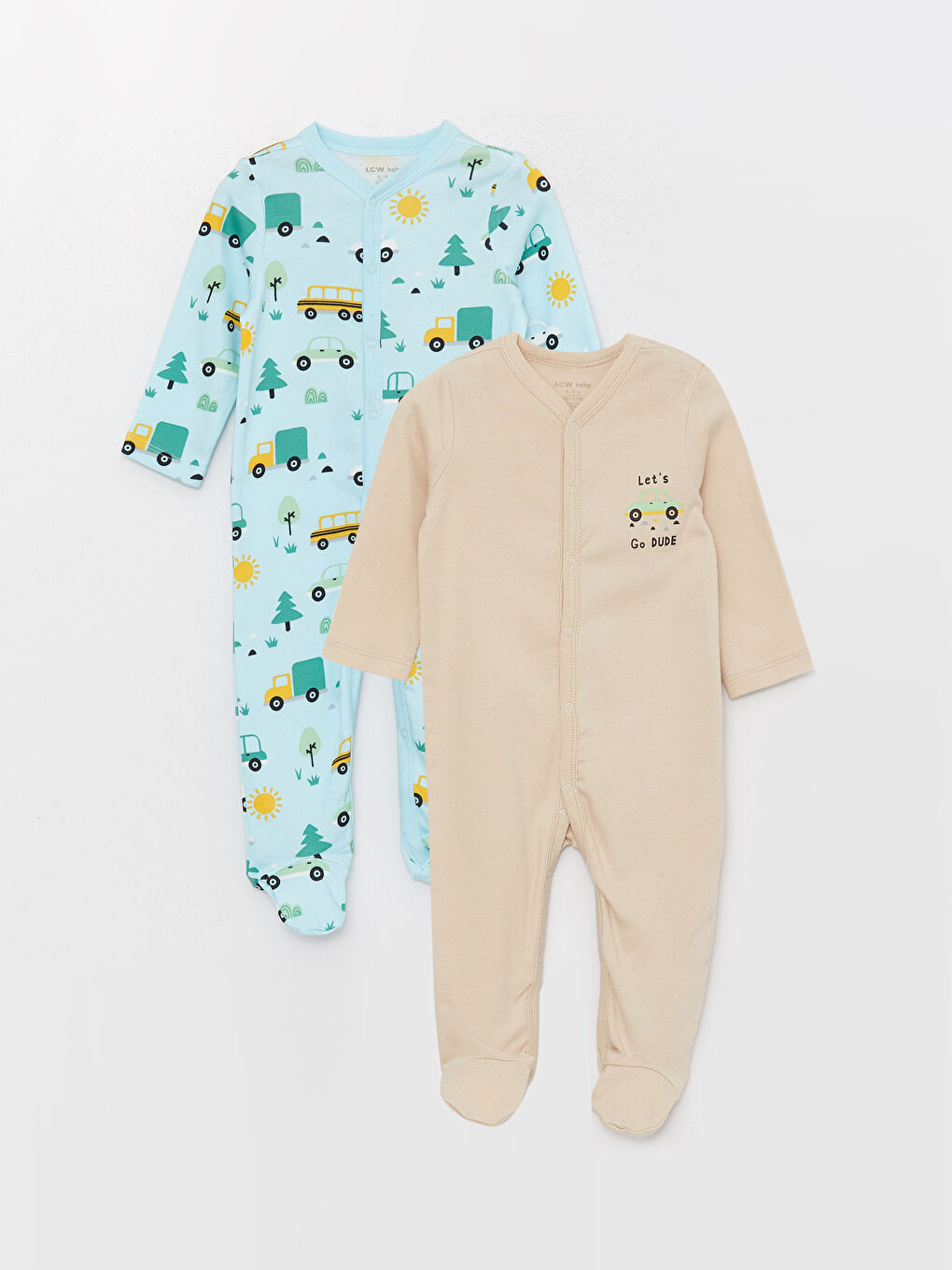 Mavi V Yaka Uzun Kollu Baskılı Erkek Bebek Tulum 2'li