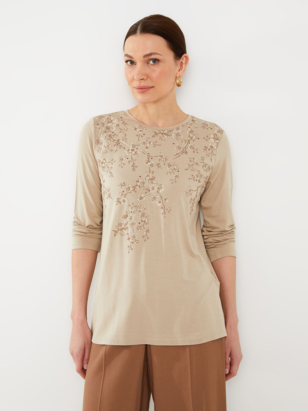 Bej Bisiklet Yaka Çiçekli Uzun Kollu Kadın Bluz-2