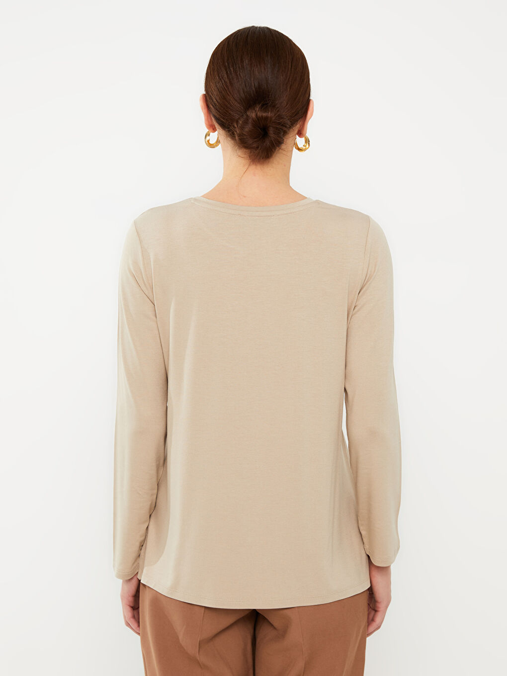 Bej Bisiklet Yaka Çiçekli Uzun Kollu Kadın Bluz-4