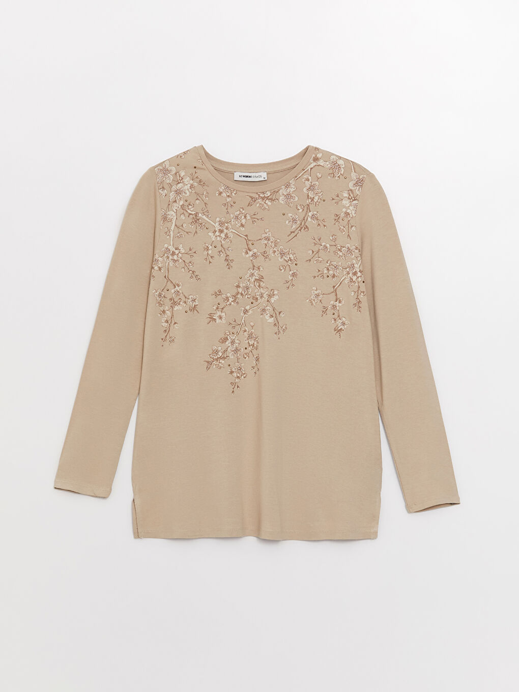 Bej Bisiklet Yaka Çiçekli Uzun Kollu Kadın Bluz-5