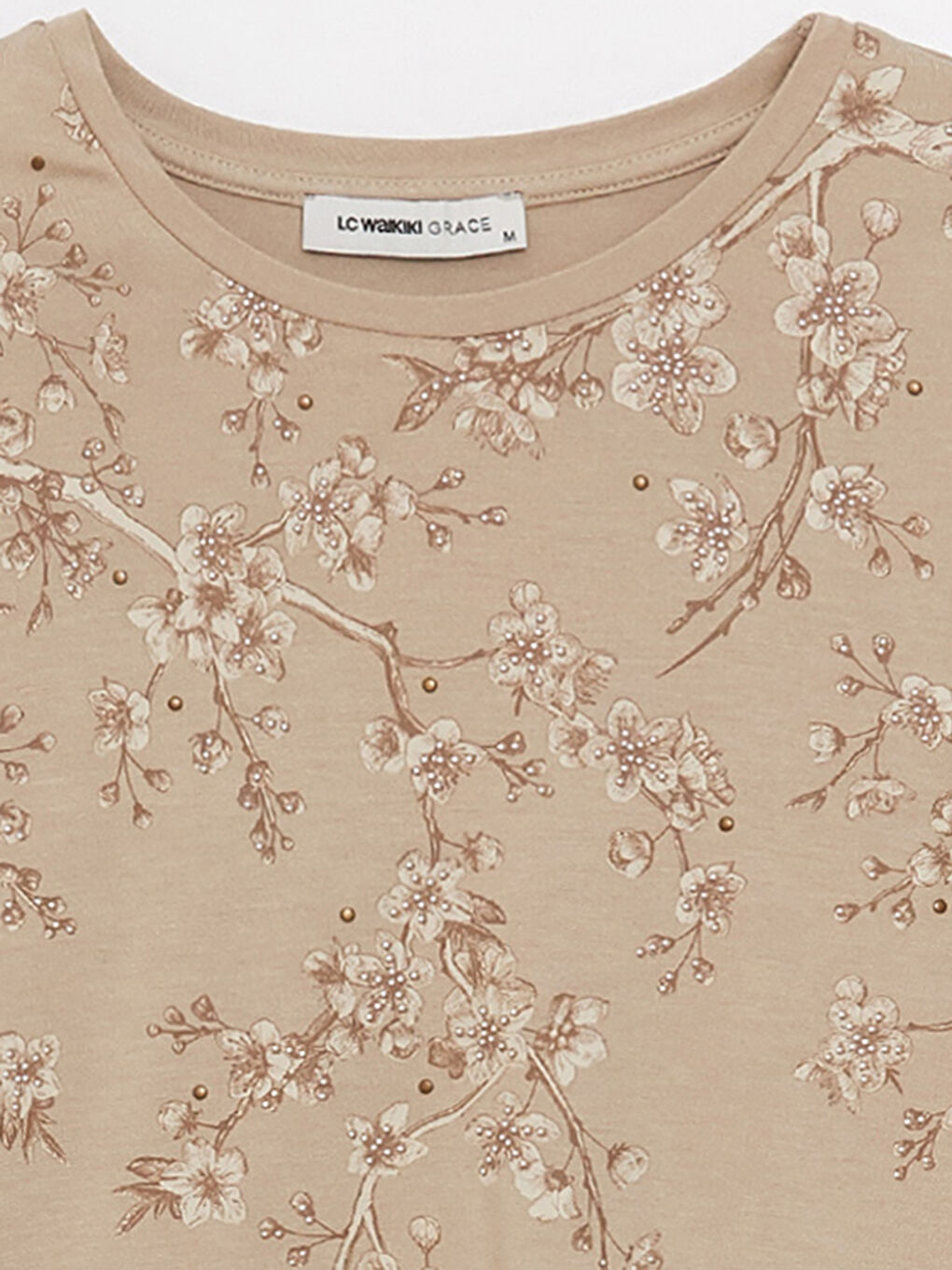 Bej Bisiklet Yaka Çiçekli Uzun Kollu Kadın Bluz-7