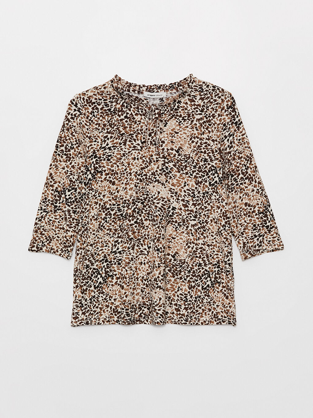 Bej Bağlamalı Yaka Desenli Kadın Bluz-5