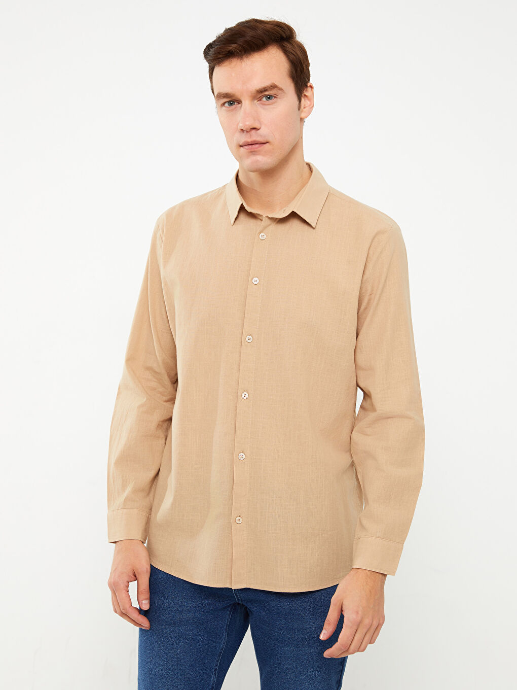Bej Regular Fit Uzun Kollu Erkek Gömlek