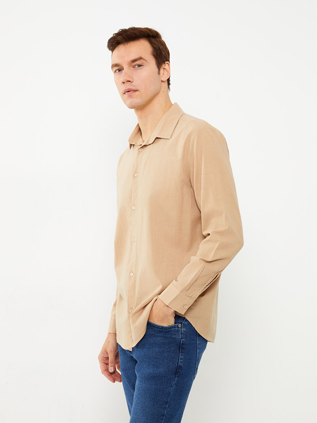 Bej Regular Fit Uzun Kollu Erkek Gömlek-1