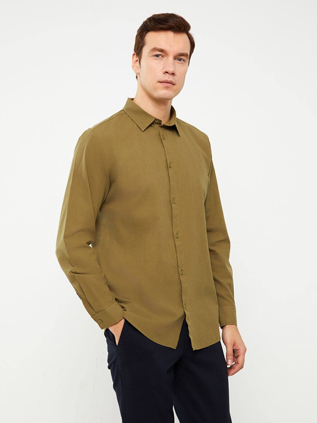 Haki Regular Fit Uzun Kollu Erkek Gömlek