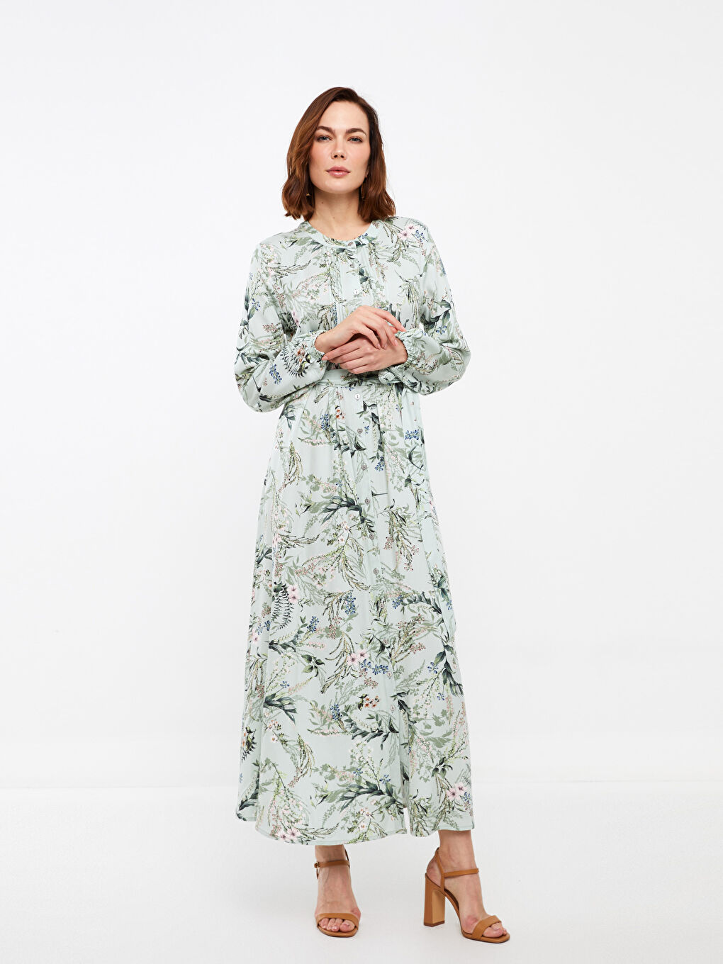 Rochie cu Guler Rotund, Cu Model, Mânecă Lungă, pentru Femei-1