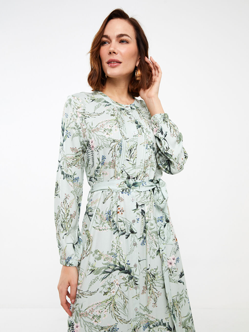 Rochie cu Guler Rotund, Cu Model, Mânecă Lungă, pentru Femei-2