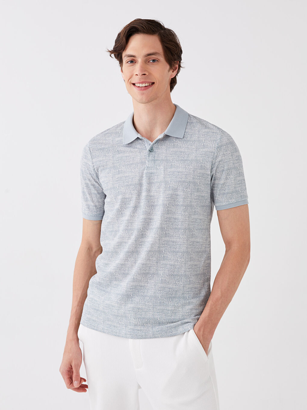 Yeşil Polo Yaka Kısa Kollu Desenli Pike Erkek Tişört