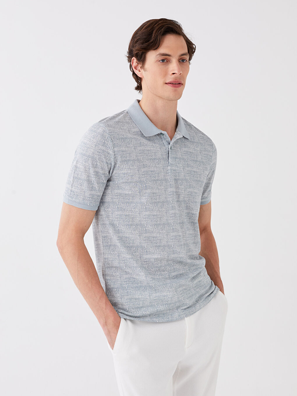 Yeşil Polo Yaka Kısa Kollu Desenli Pike Erkek Tişört-1