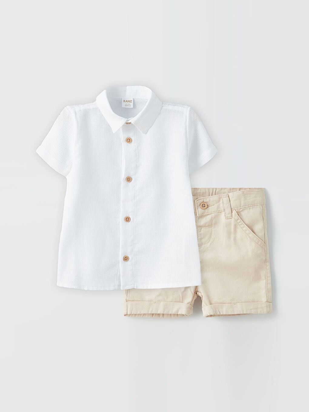 Ekru Kısa Kollu Desenli Erkek Bebek Gömlek ve Şort 2'li Takım