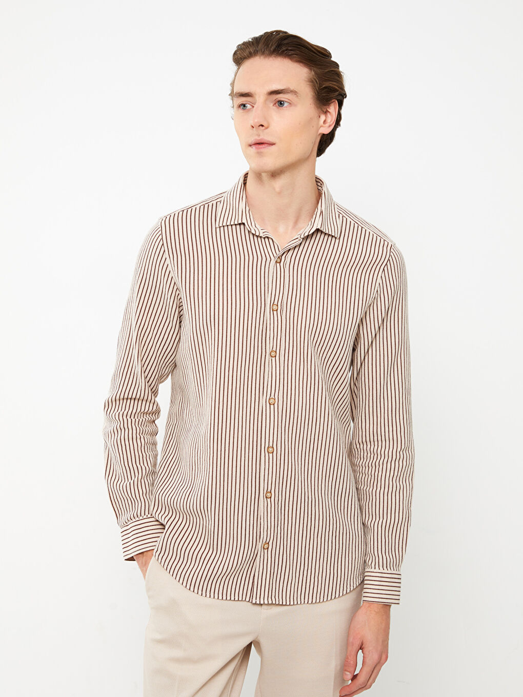 Kahverengi Regular Fit Uzun Kollu Çizgili Erkek Gömlek